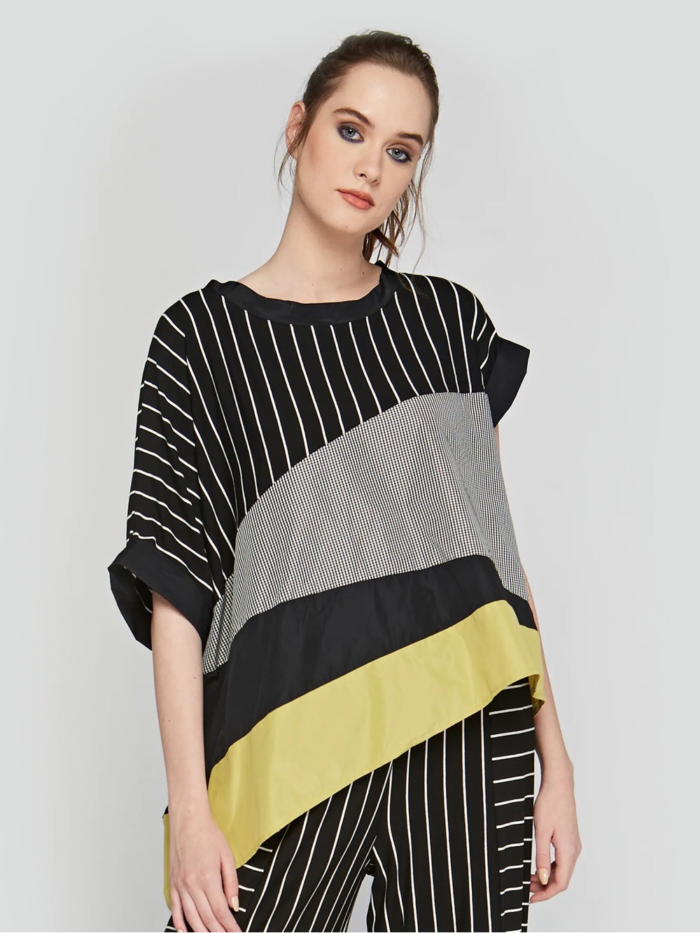 LUUKAA SILAS Striped Asymmetrical Stripe Gingham Mix Print Blouse Black US 4/6